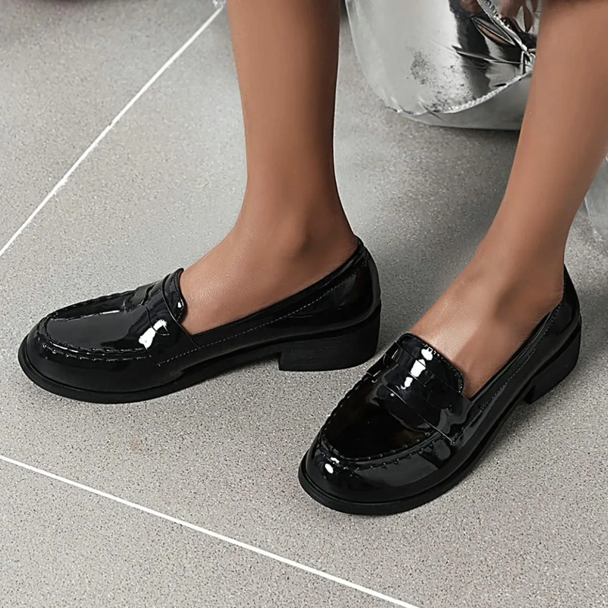 Uniquelly Womens Chunky Heel Penny Loafers Patent Leather Pumps Slip On Round Toe Fashion Shoes