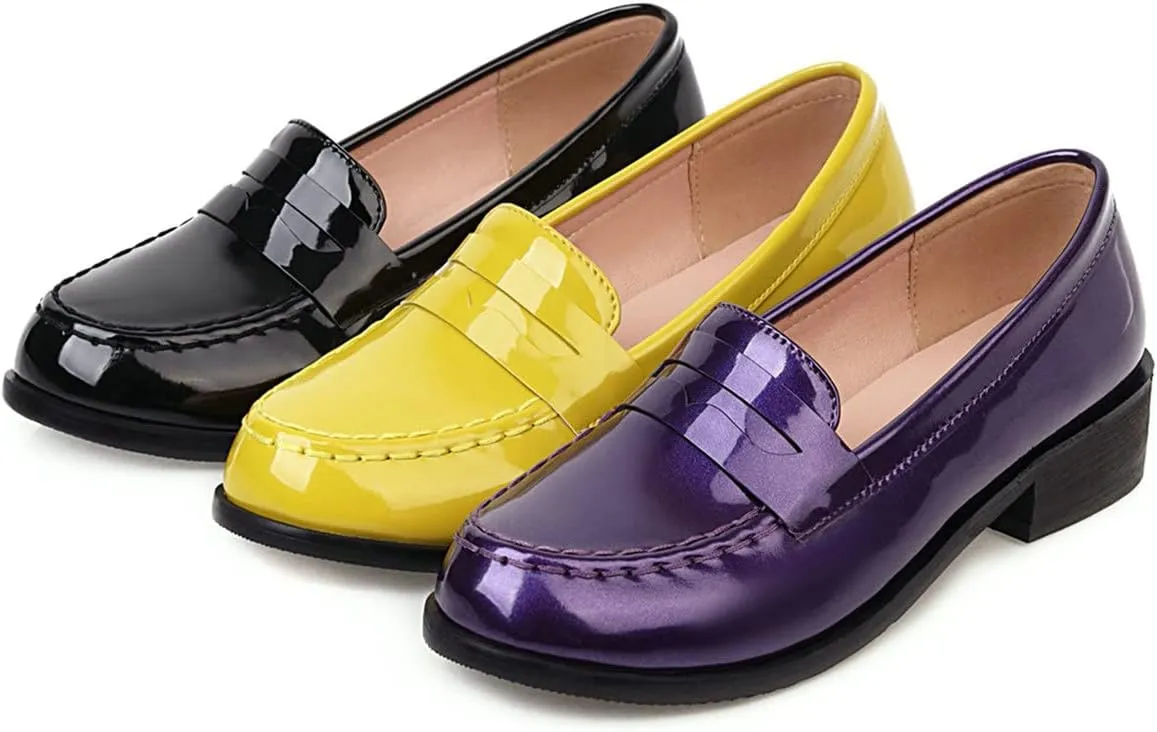 Uniquelly Womens Chunky Heel Penny Loafers Patent Leather Pumps Slip On Round Toe Fashion Shoes
