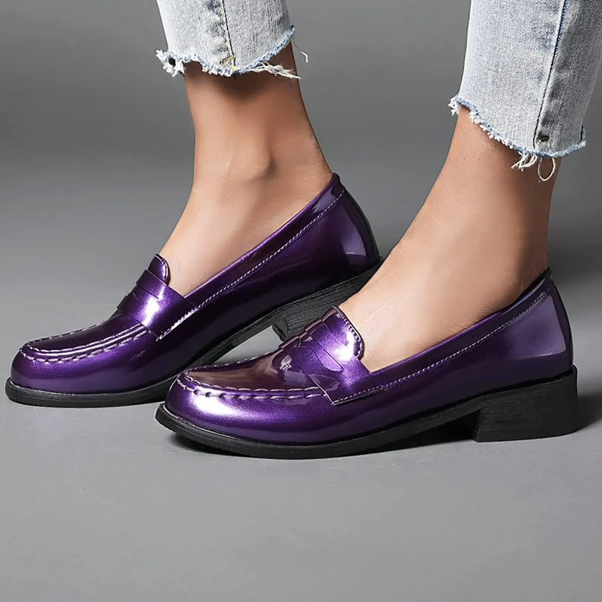 Uniquelly Womens Chunky Heel Penny Loafers Patent Leather Pumps Slip On Round Toe Fashion Shoes