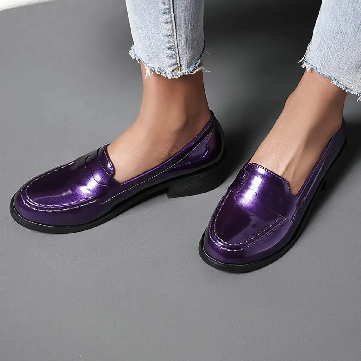 Uniquelly Womens Chunky Heel Penny Loafers Patent Leather Pumps Slip On Round Toe Fashion Shoes