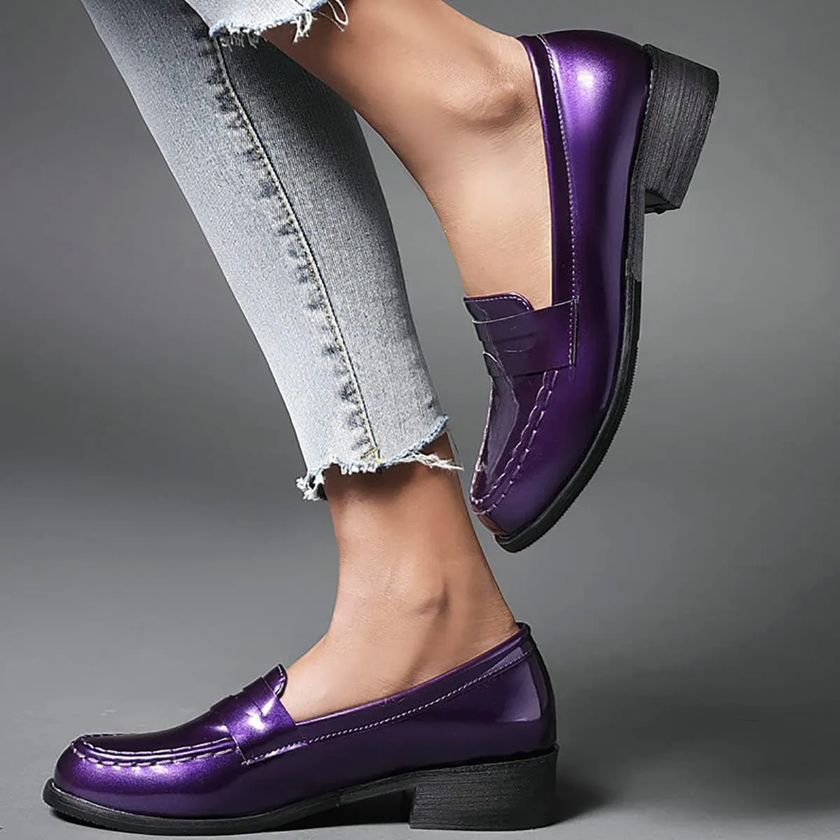 Uniquelly Womens Chunky Heel Penny Loafers Patent Leather Pumps Slip On Round Toe Fashion Shoes