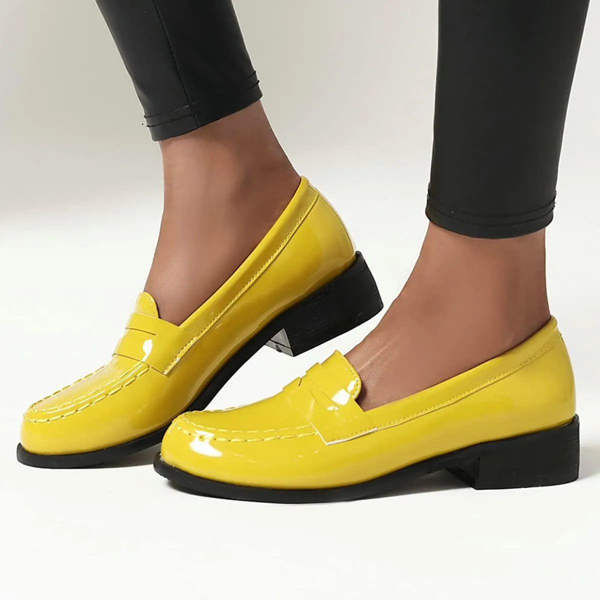 Uniquelly Womens Chunky Heel Penny Loafers Patent Leather Pumps Slip On Round Toe Fashion Shoes