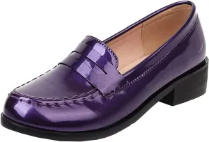 Uniquelly Womens Chunky Heel Penny Loafers Patent Leather Pumps Slip On Round Toe Fashion Shoes