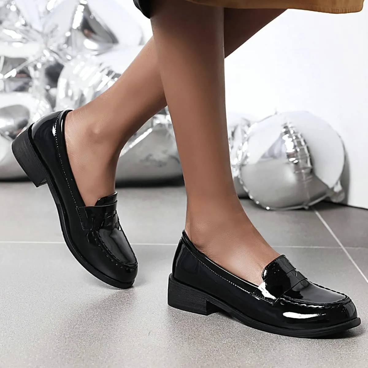 Uniquelly Womens Chunky Heel Penny Loafers Patent Leather Pumps Slip On Round Toe Fashion Shoes