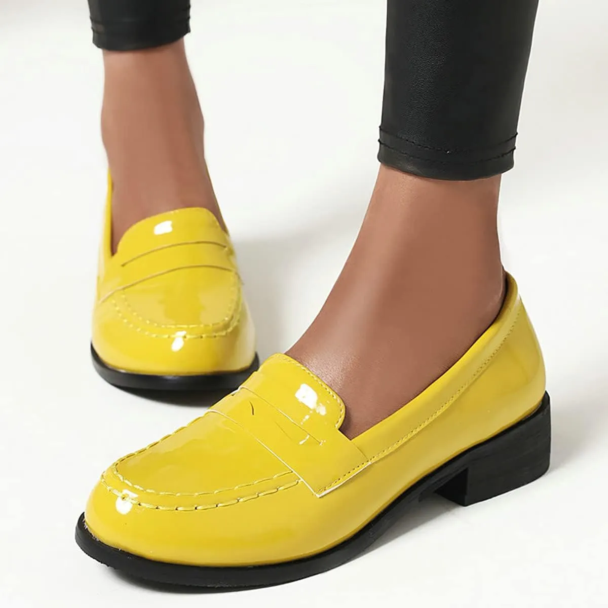 Uniquelly Womens Chunky Heel Penny Loafers Patent Leather Pumps Slip On Round Toe Fashion Shoes