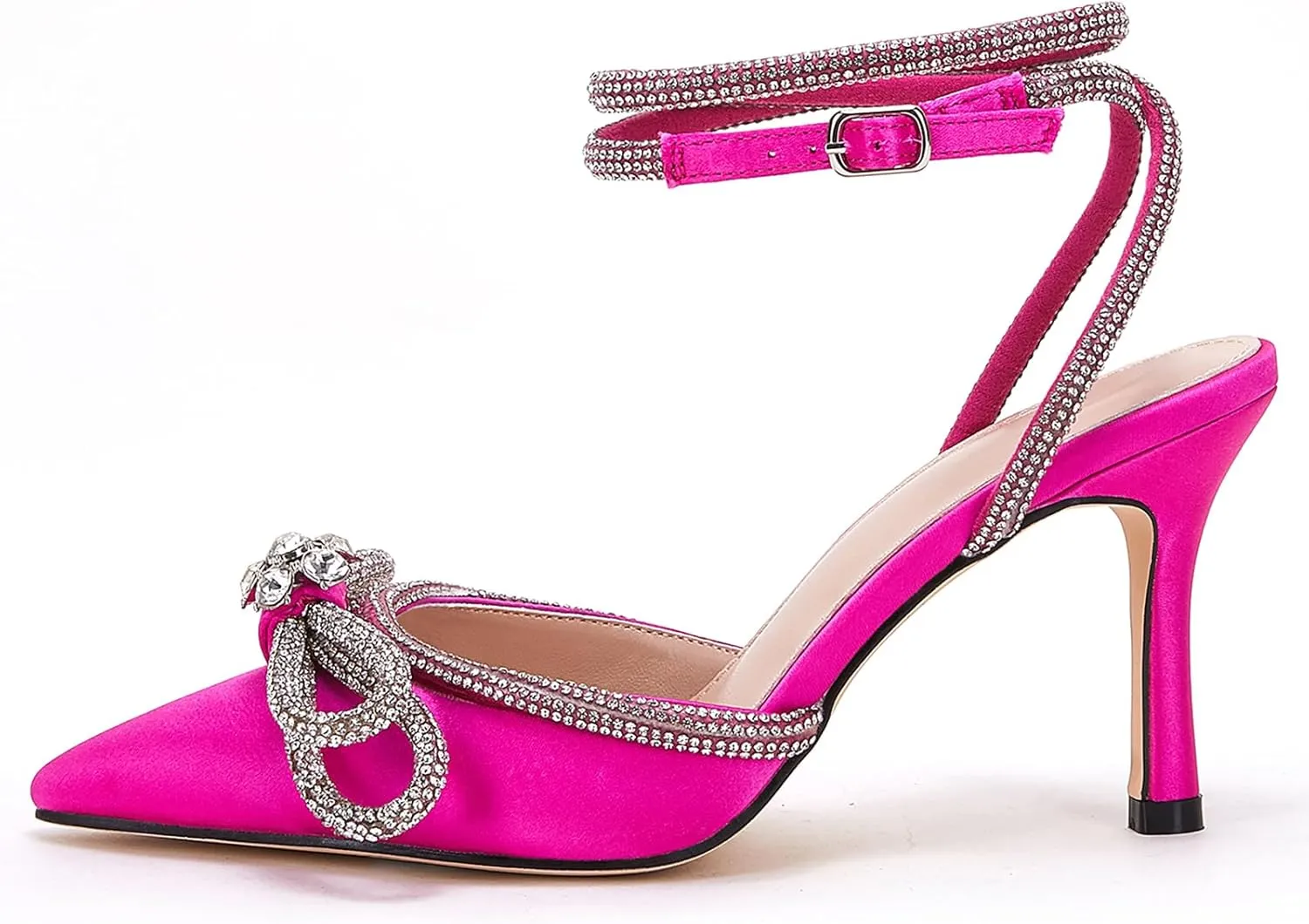 VETASTE Women's Double Bow Pointed Toe Ankle Strap Crystal Pumps Wedding Bridal Party Stilettos Backless Satin Heeled Sandals