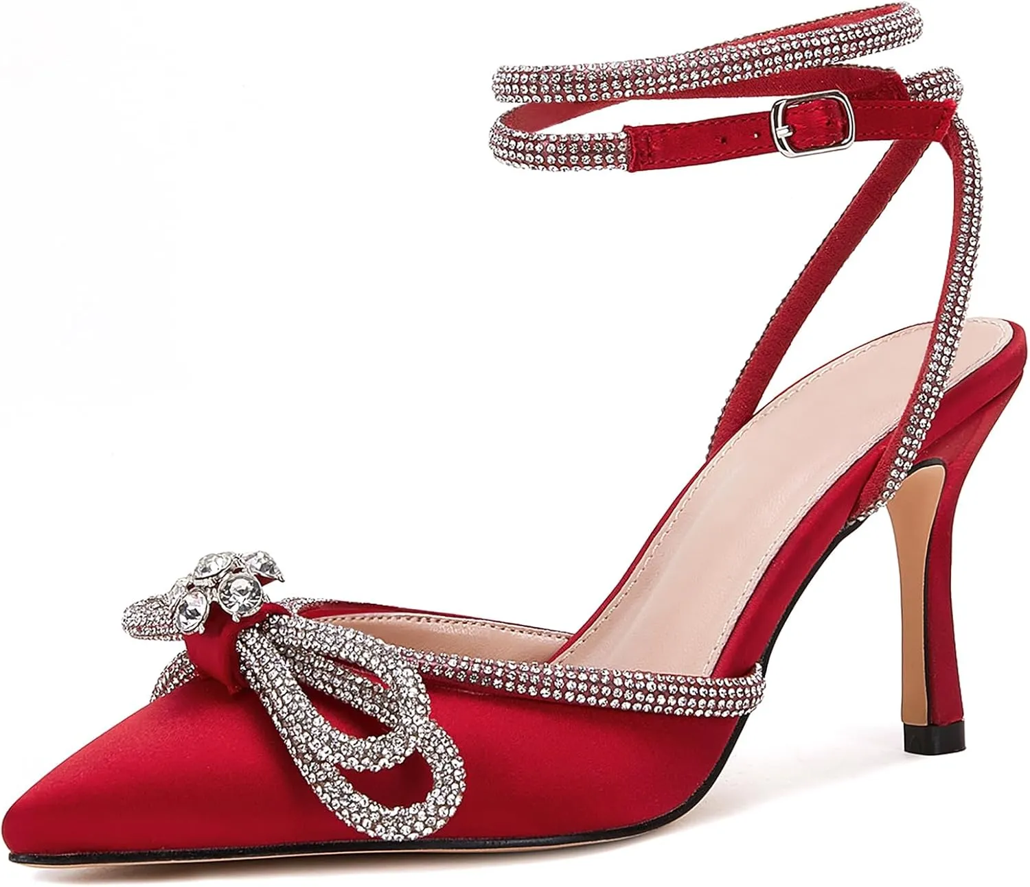 VETASTE Women's Double Bow Pointed Toe Ankle Strap Crystal Pumps Wedding Bridal Party Stilettos Backless Satin Heeled Sandals