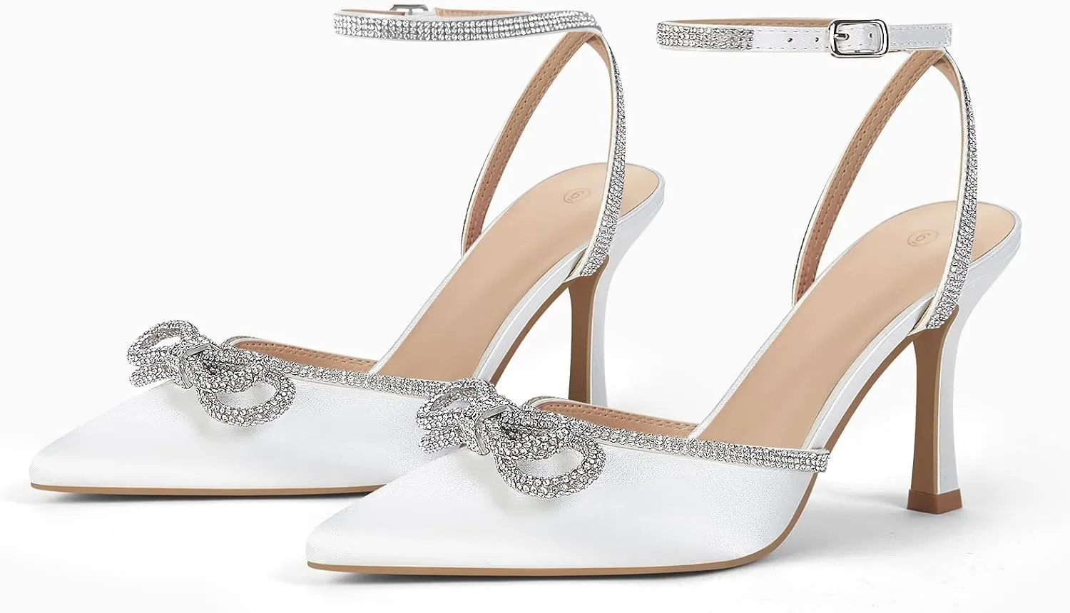 VETASTE Women's Double Bow Pointed Toe Ankle Strap Crystal Pumps Wedding Bridal Party Stilettos Backless Satin Heeled Sandals