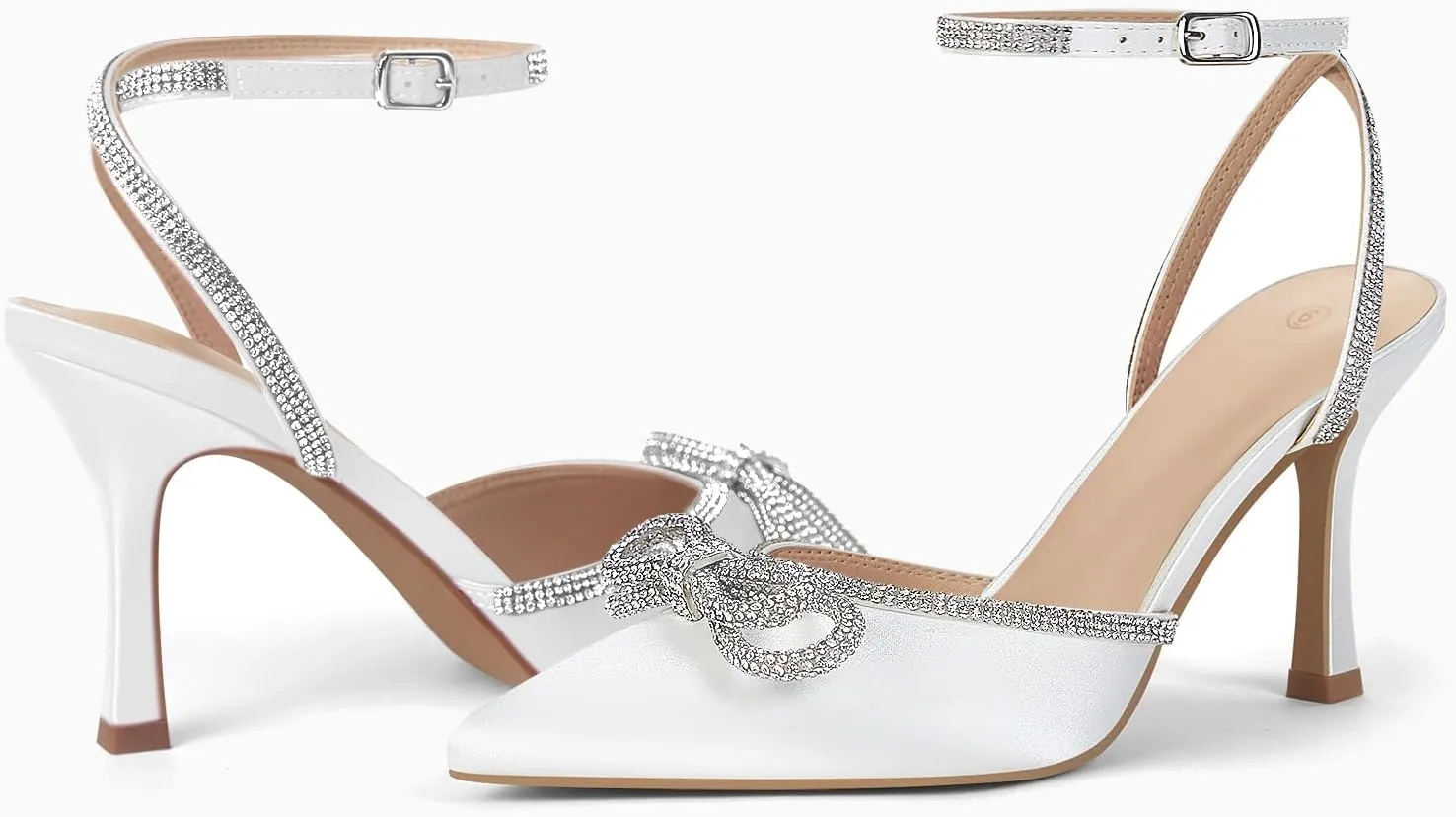 VETASTE Women's Double Bow Pointed Toe Ankle Strap Crystal Pumps Wedding Bridal Party Stilettos Backless Satin Heeled Sandals