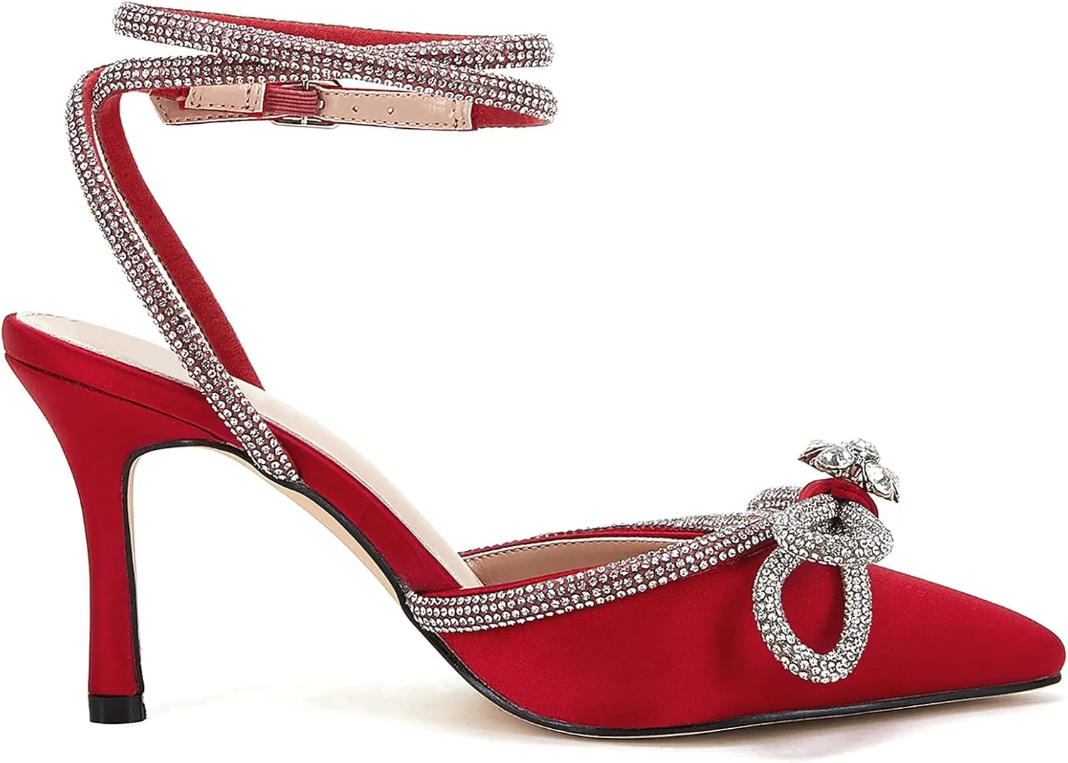 VETASTE Women's Double Bow Pointed Toe Ankle Strap Crystal Pumps Wedding Bridal Party Stilettos Backless Satin Heeled Sandals