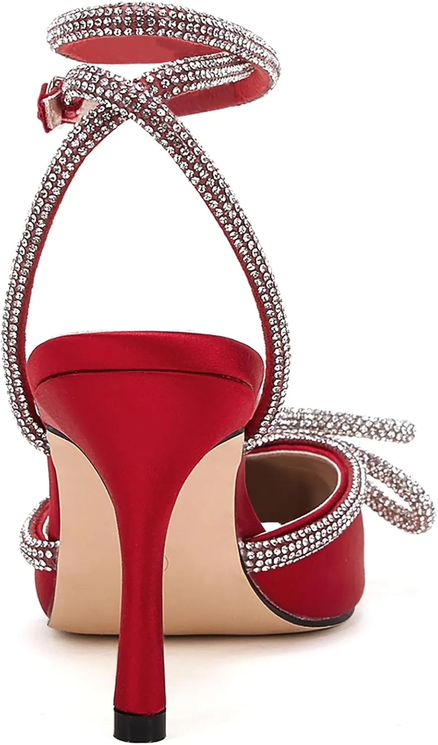 VETASTE Women's Double Bow Pointed Toe Ankle Strap Crystal Pumps Wedding Bridal Party Stilettos Backless Satin Heeled Sandals