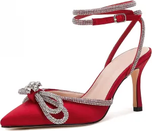 VETASTE Women's Double Bow Pointed Toe Ankle Strap Crystal Pumps Wedding Bridal Party Stilettos Backless Satin Heeled Sandals