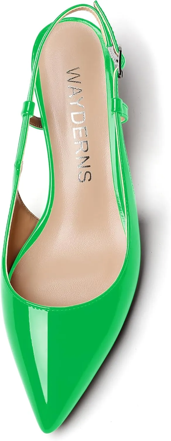 WAYDERNS Women's Slingback Kitten Heels Low Heel Pointed Toe Patent Leather Pumps Comfortable Wedding Shopping Work 2 Inch Dress Shoes