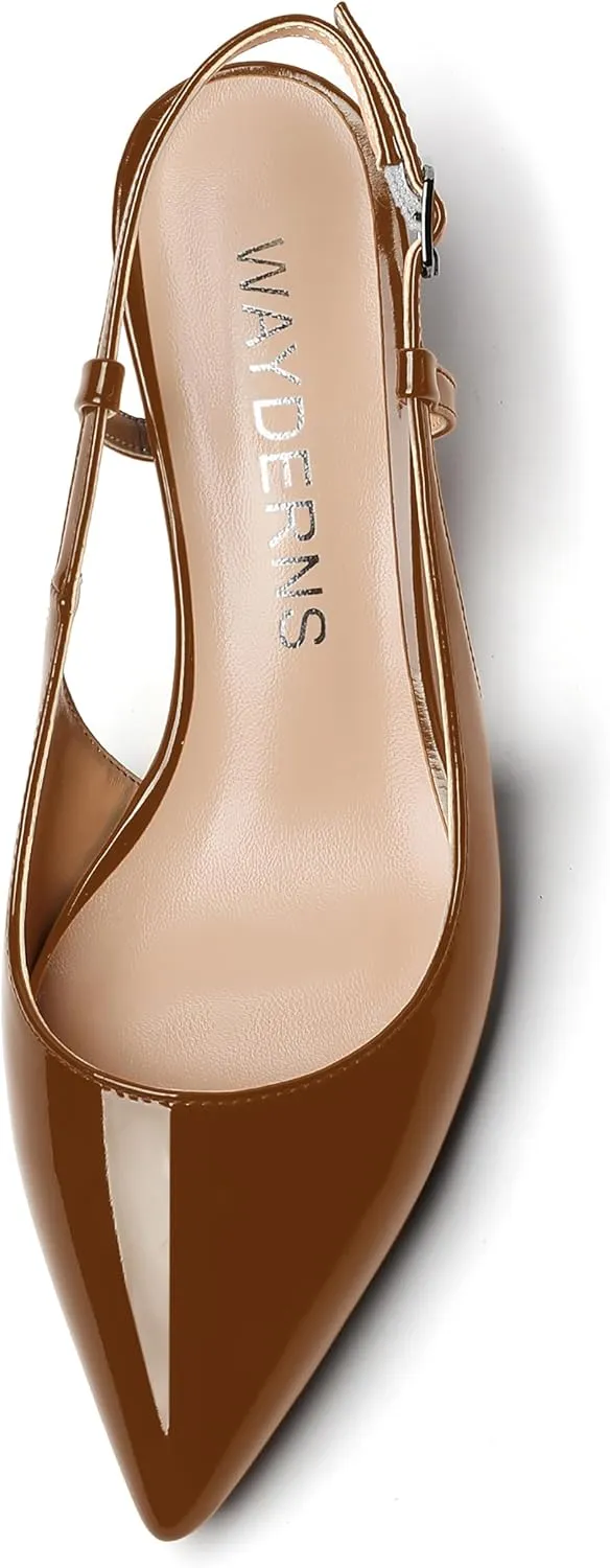 WAYDERNS Women's Slingback Kitten Heels Low Heel Pointed Toe Patent Leather Pumps Comfortable Wedding Shopping Work 2 Inch Dress Shoes