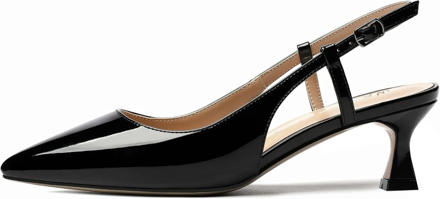 WAYDERNS Women's Slingback Kitten Heels Low Heel Pointed Toe Patent Leather Pumps Comfortable Wedding Shopping Work 2 Inch Dress Shoes