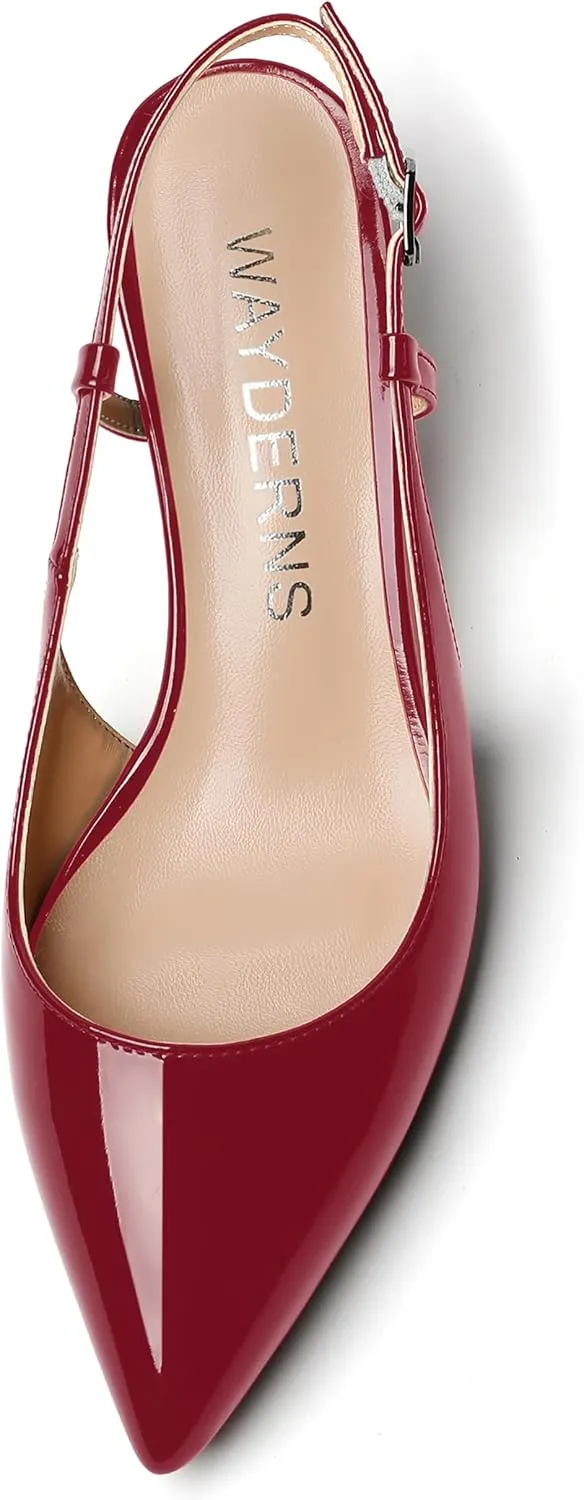 WAYDERNS Women's Slingback Kitten Heels Low Heel Pointed Toe Patent Leather Pumps Comfortable Wedding Shopping Work 2 Inch Dress Shoes