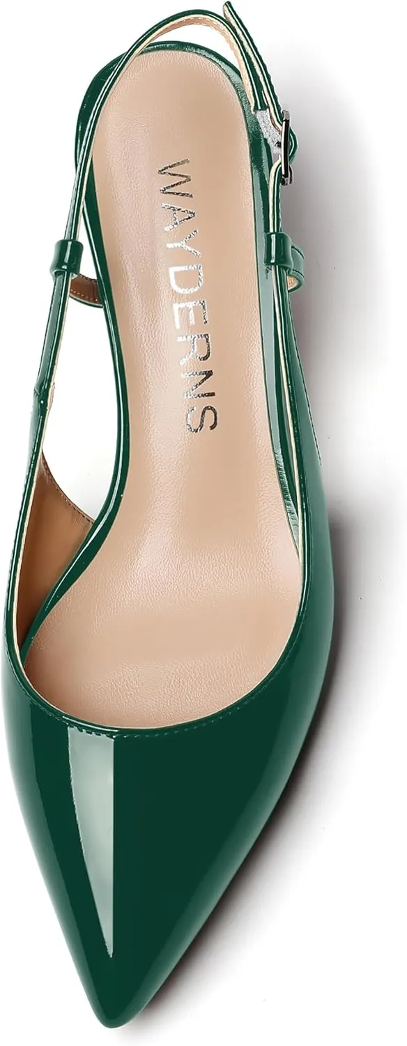 WAYDERNS Women's Slingback Kitten Heels Low Heel Pointed Toe Patent Leather Pumps Comfortable Wedding Shopping Work 2 Inch Dress Shoes