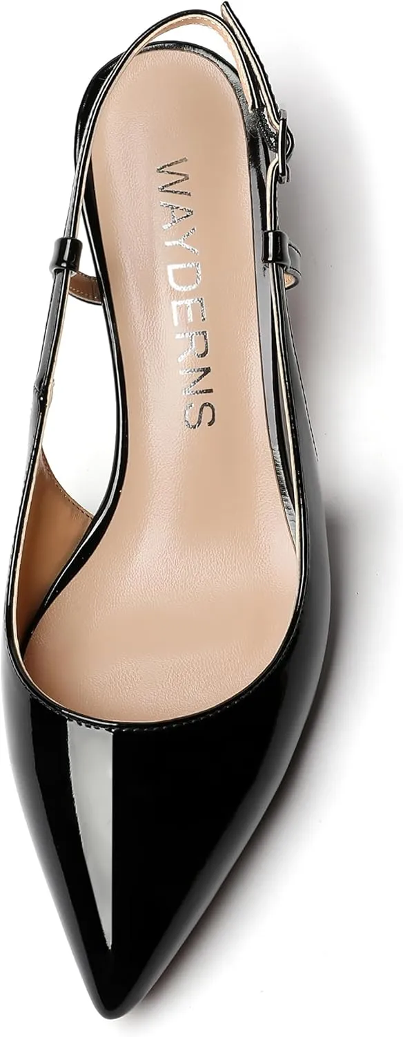 WAYDERNS Women's Slingback Kitten Heels Low Heel Pointed Toe Patent Leather Pumps Comfortable Wedding Shopping Work 2 Inch Dress Shoes