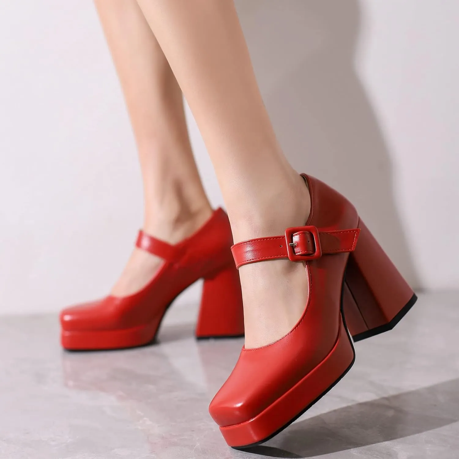 Women Square Toe Mary Jane Shoes Platform Patent Leather Pumps Block High Heels Dress Comfortable Shoes