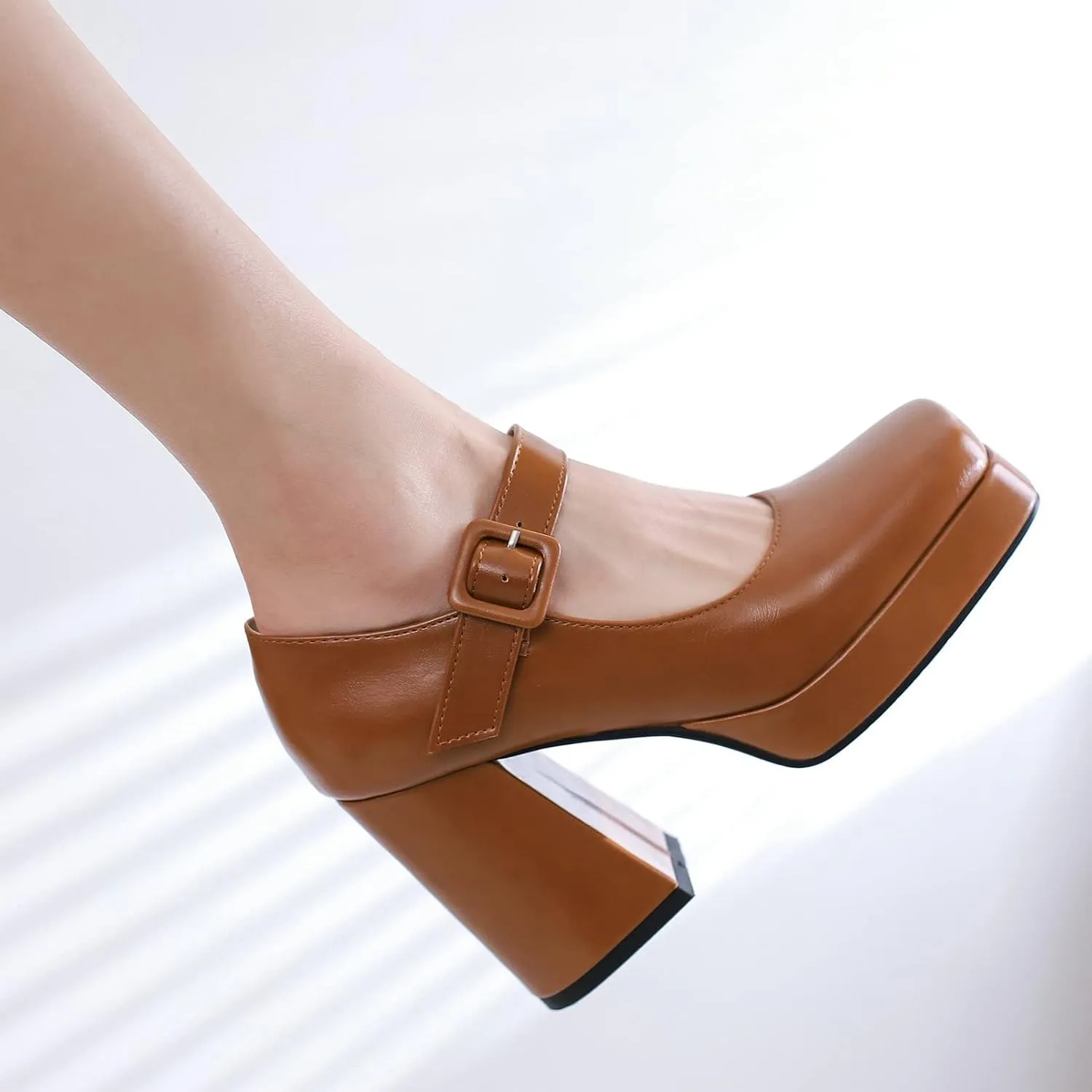 Women Square Toe Mary Jane Shoes Platform Patent Leather Pumps Block High Heels Dress Comfortable Shoes