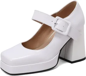 Women Square Toe Mary Jane Shoes Platform Patent Leather Pumps Block High Heels Dress Comfortable Shoes