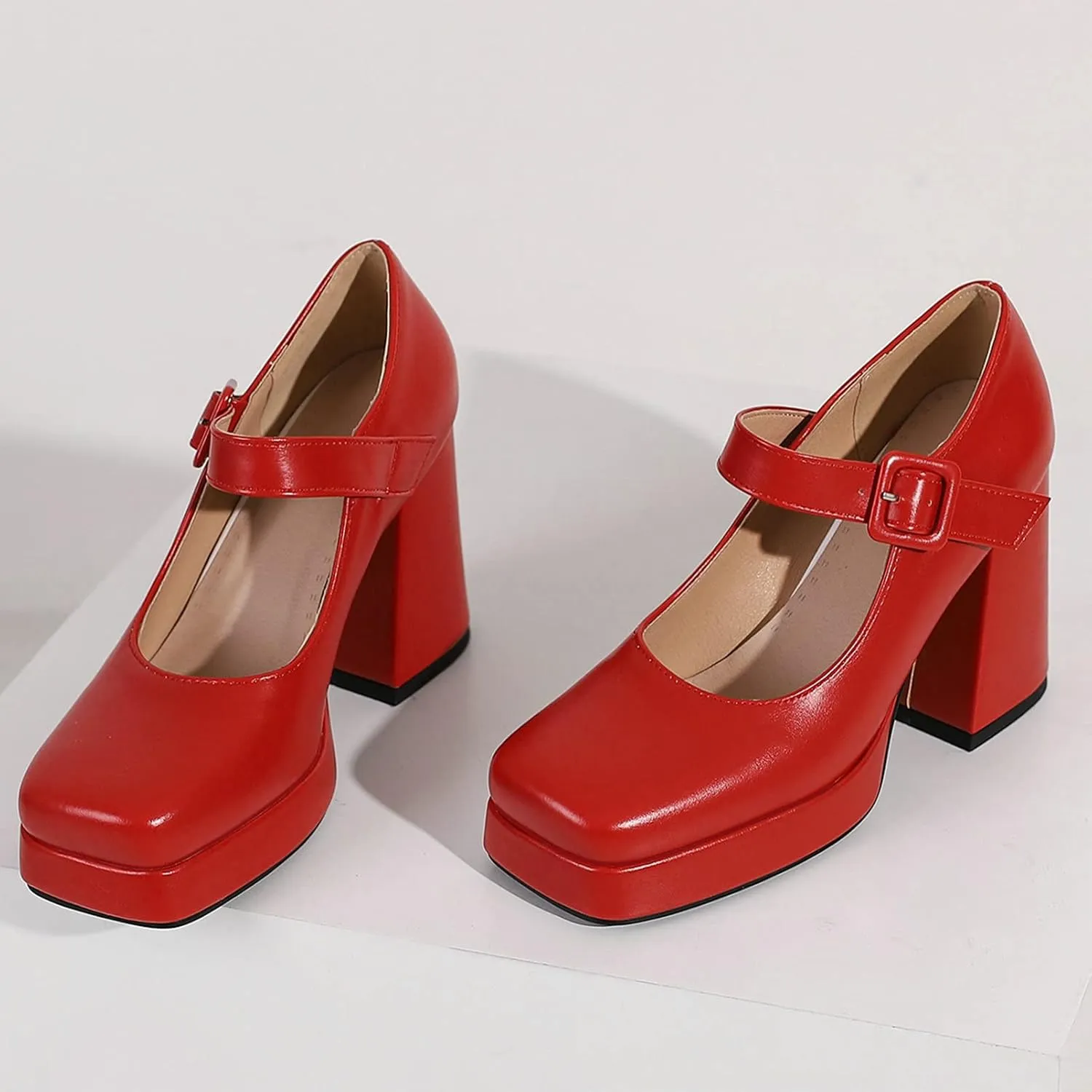 Women Square Toe Mary Jane Shoes Platform Patent Leather Pumps Block High Heels Dress Comfortable Shoes