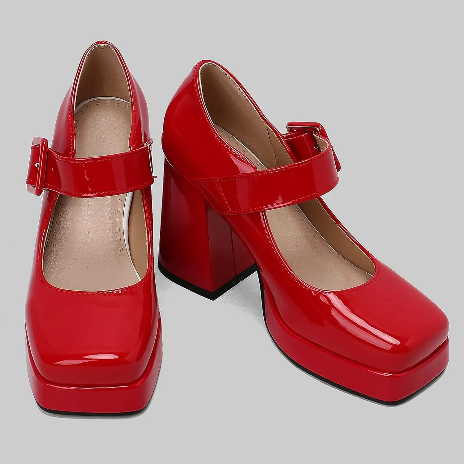 Women Square Toe Mary Jane Shoes Platform Patent Leather Pumps Block High Heels Dress Comfortable Shoes
