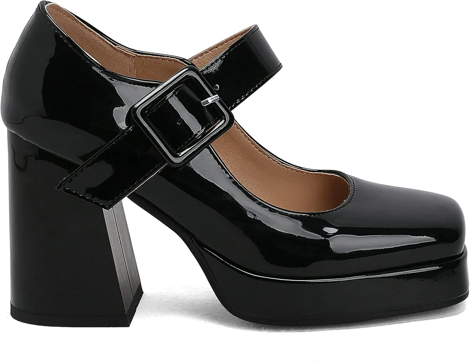 Women Square Toe Mary Jane Shoes Platform Patent Leather Pumps Block High Heels Dress Comfortable Shoes