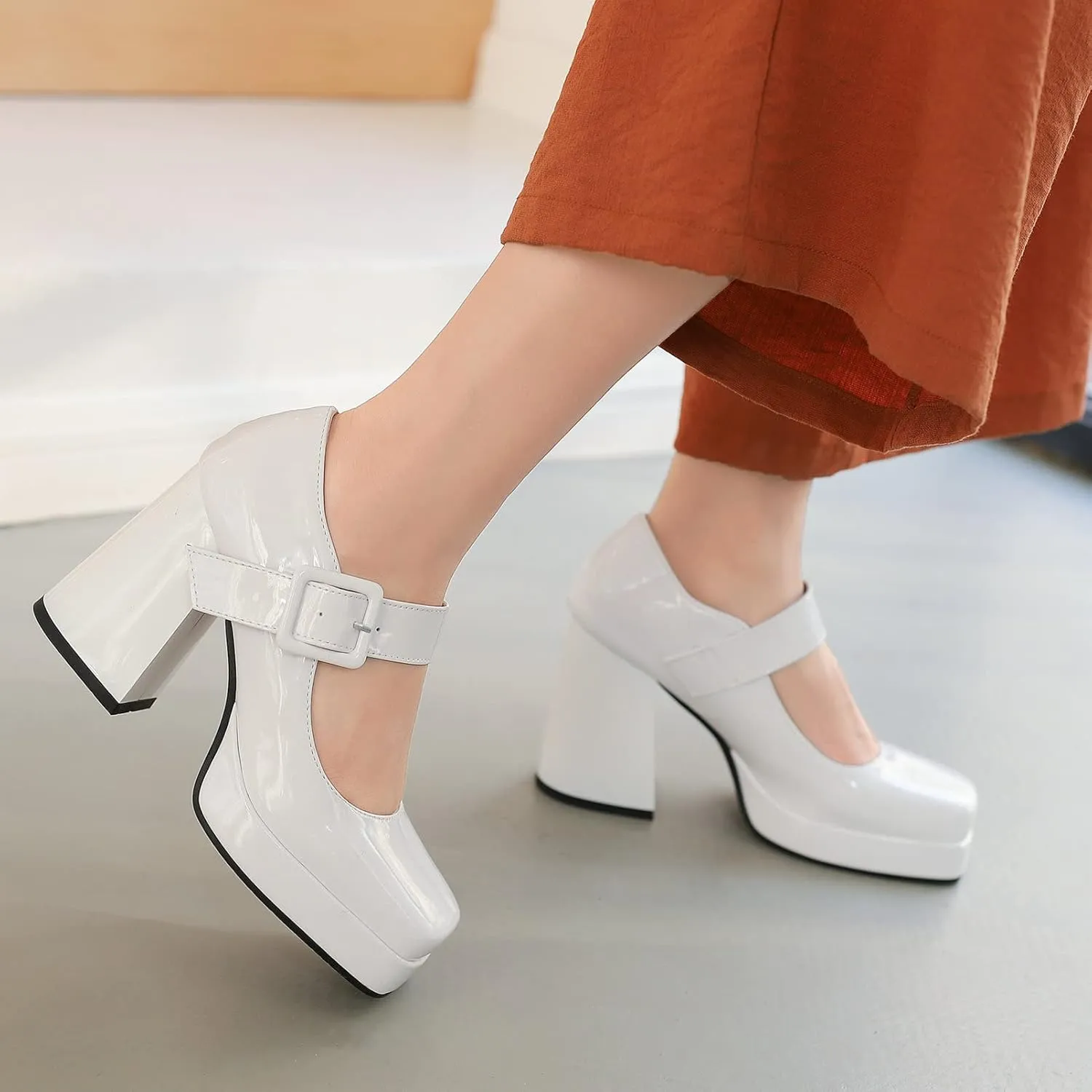 Women Square Toe Mary Jane Shoes Platform Patent Leather Pumps Block High Heels Dress Comfortable Shoes