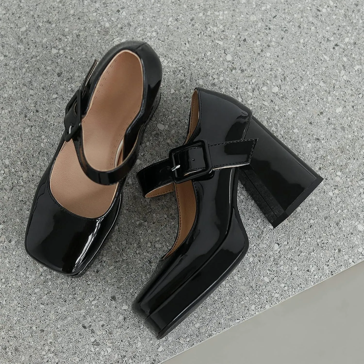 Women Square Toe Mary Jane Shoes Platform Patent Leather Pumps Block High Heels Dress Comfortable Shoes