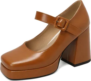 Women Square Toe Mary Jane Shoes Platform Patent Leather Pumps Block High Heels Dress Comfortable Shoes