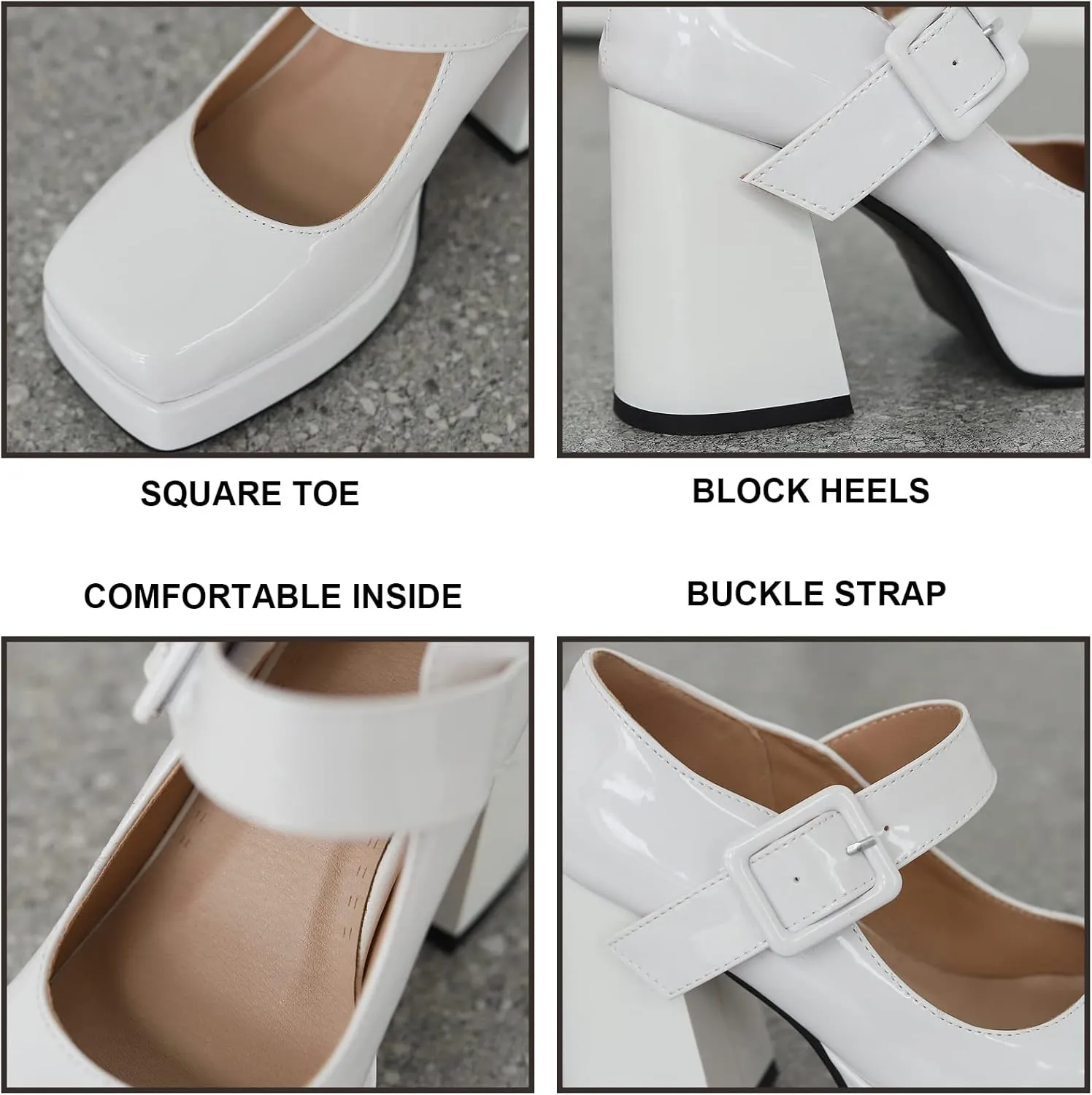 Women Square Toe Mary Jane Shoes Platform Patent Leather Pumps Block High Heels Dress Comfortable Shoes