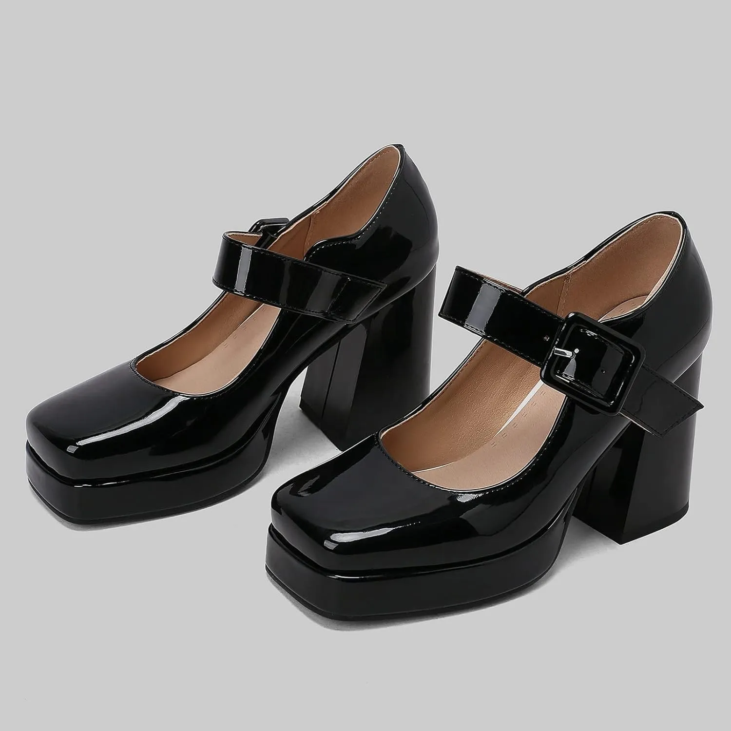 Women Square Toe Mary Jane Shoes Platform Patent Leather Pumps Block High Heels Dress Comfortable Shoes