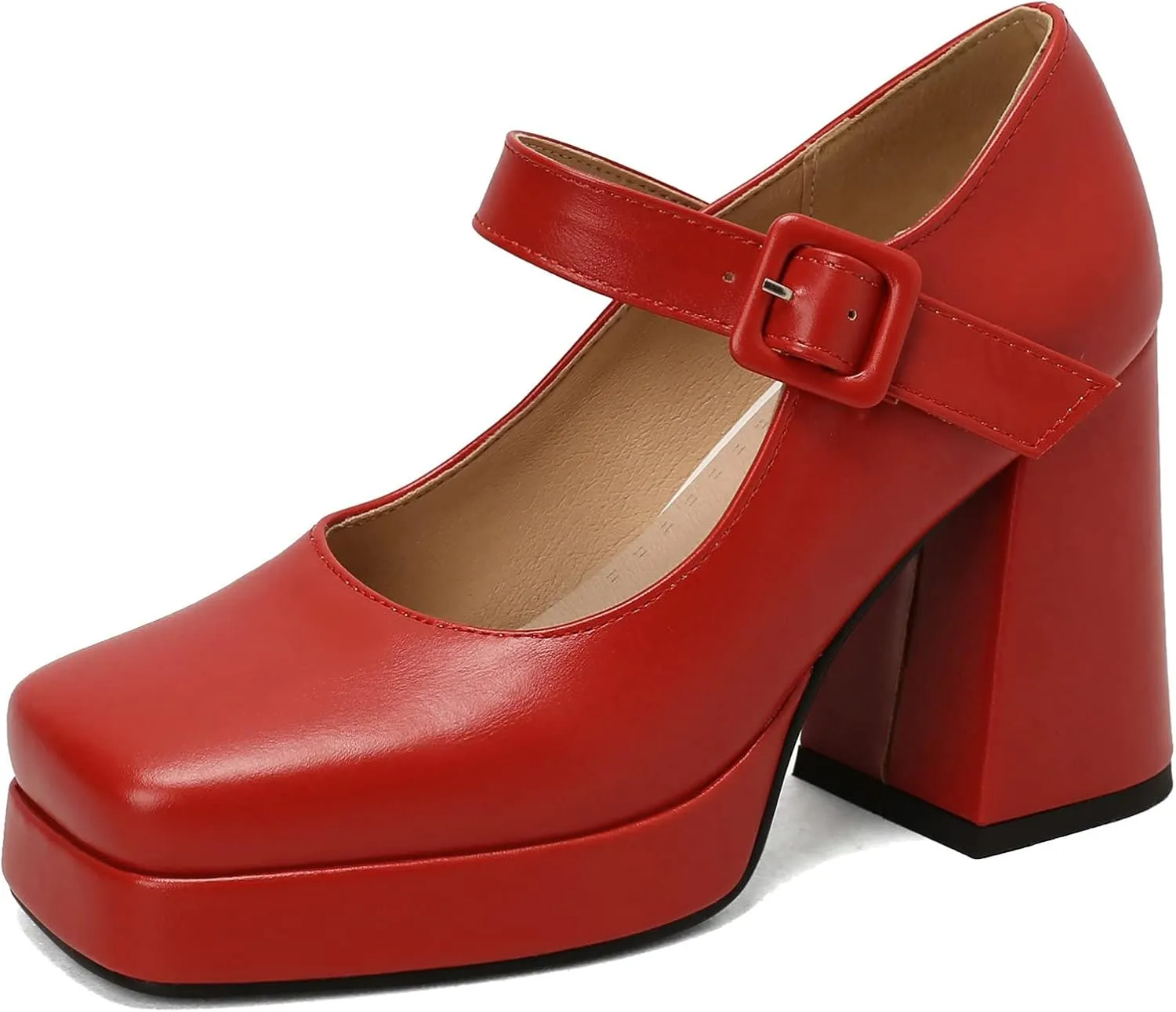 Women Square Toe Mary Jane Shoes Platform Patent Leather Pumps Block High Heels Dress Comfortable Shoes