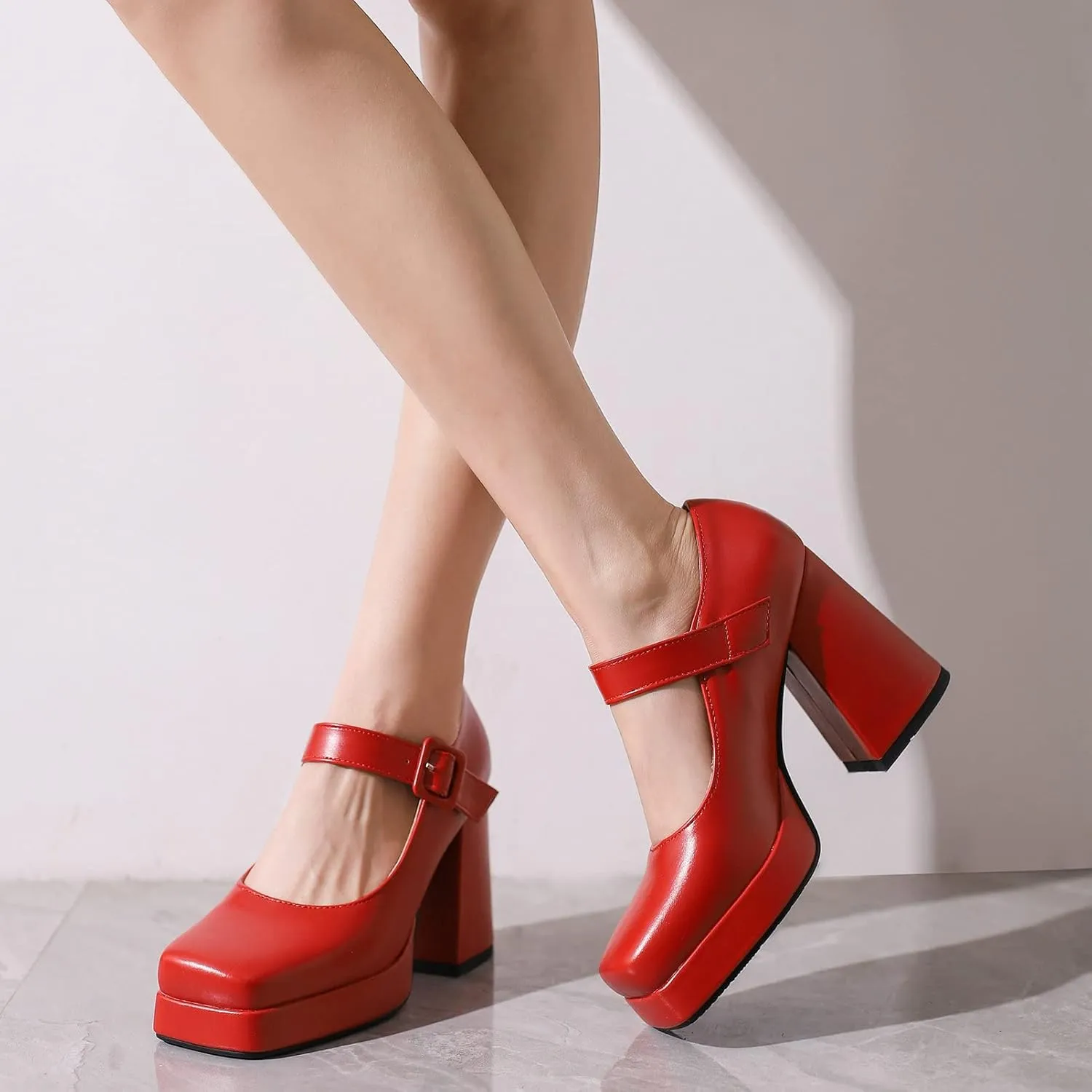 Women Square Toe Mary Jane Shoes Platform Patent Leather Pumps Block High Heels Dress Comfortable Shoes