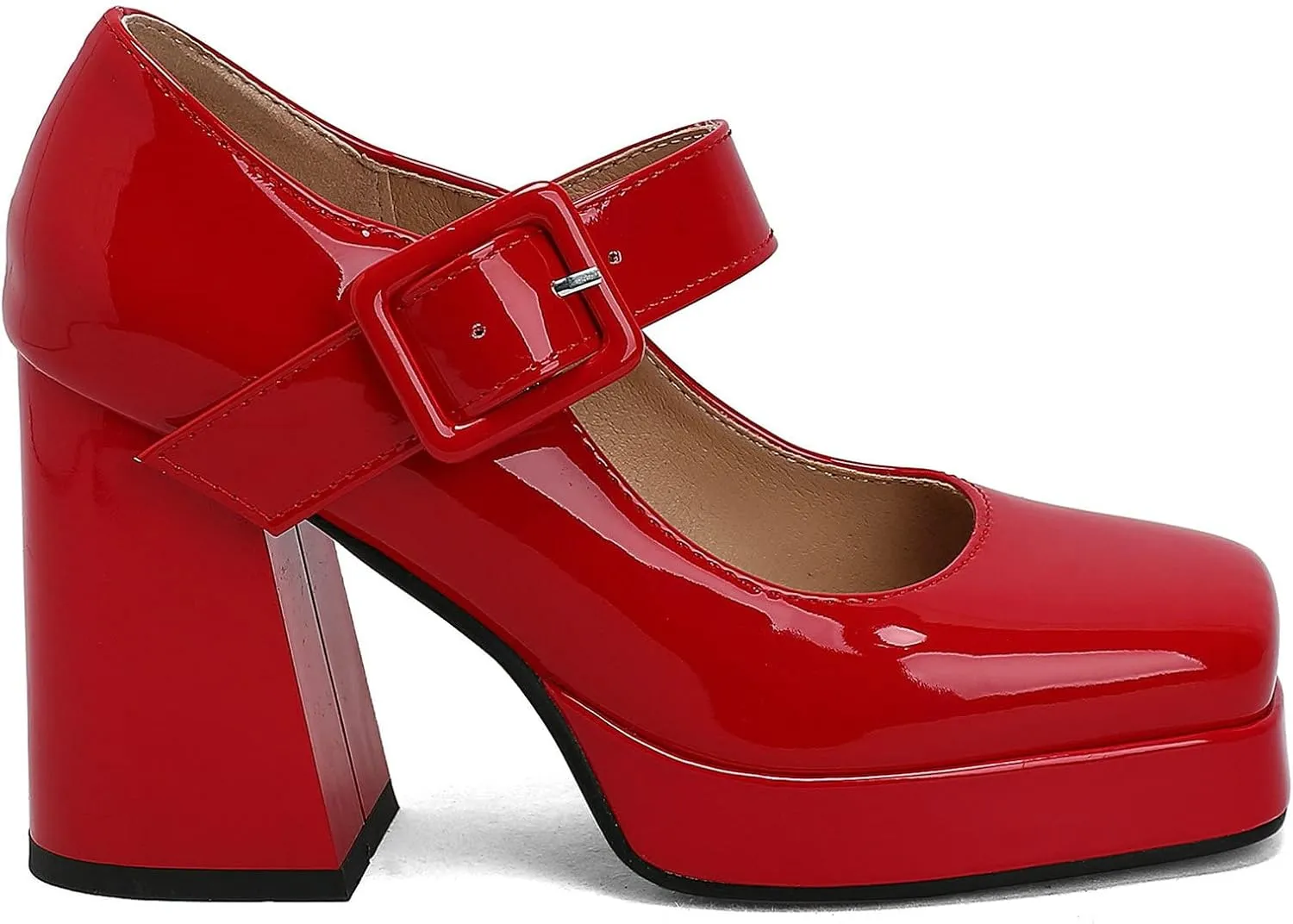Women Square Toe Mary Jane Shoes Platform Patent Leather Pumps Block High Heels Dress Comfortable Shoes