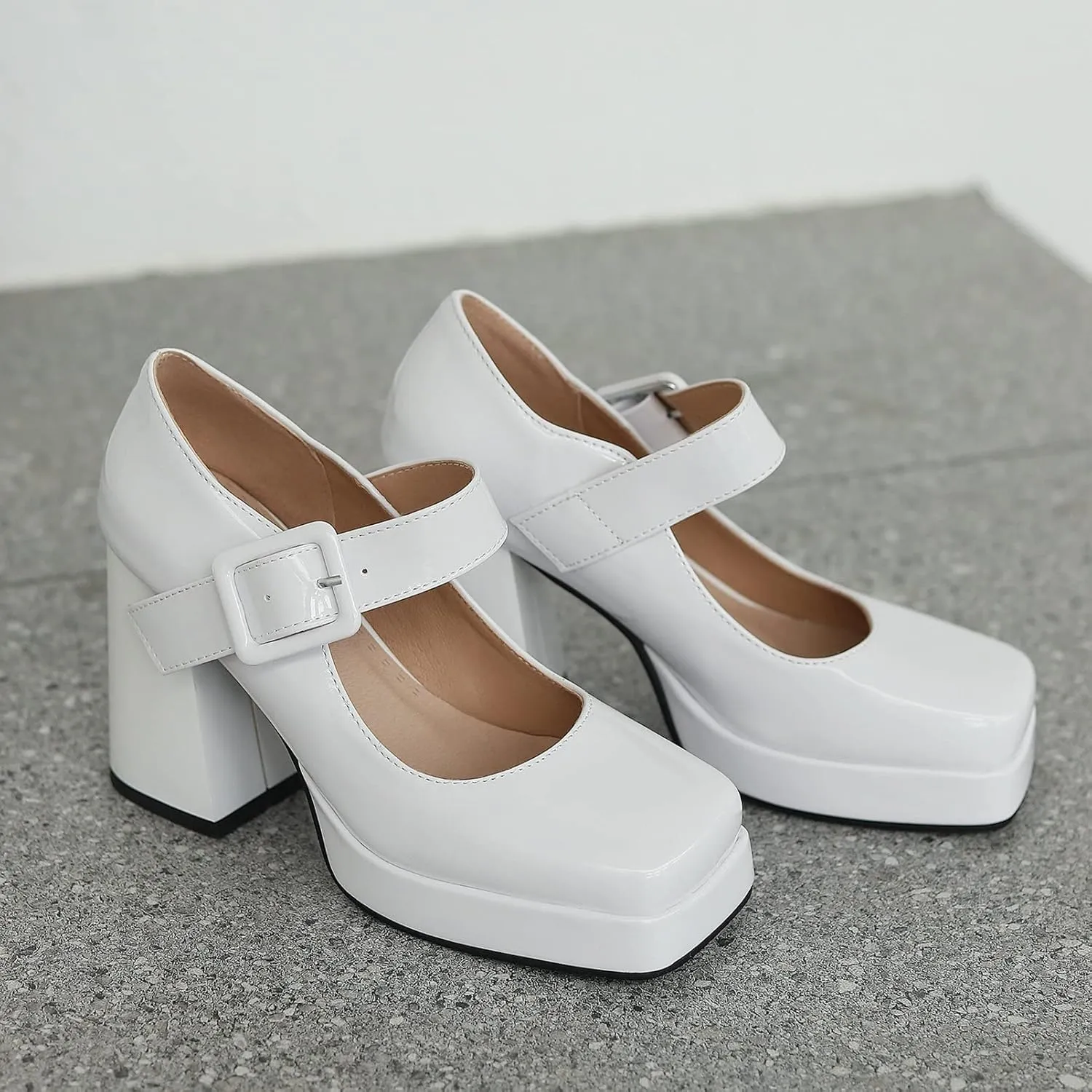 Women Square Toe Mary Jane Shoes Platform Patent Leather Pumps Block High Heels Dress Comfortable Shoes