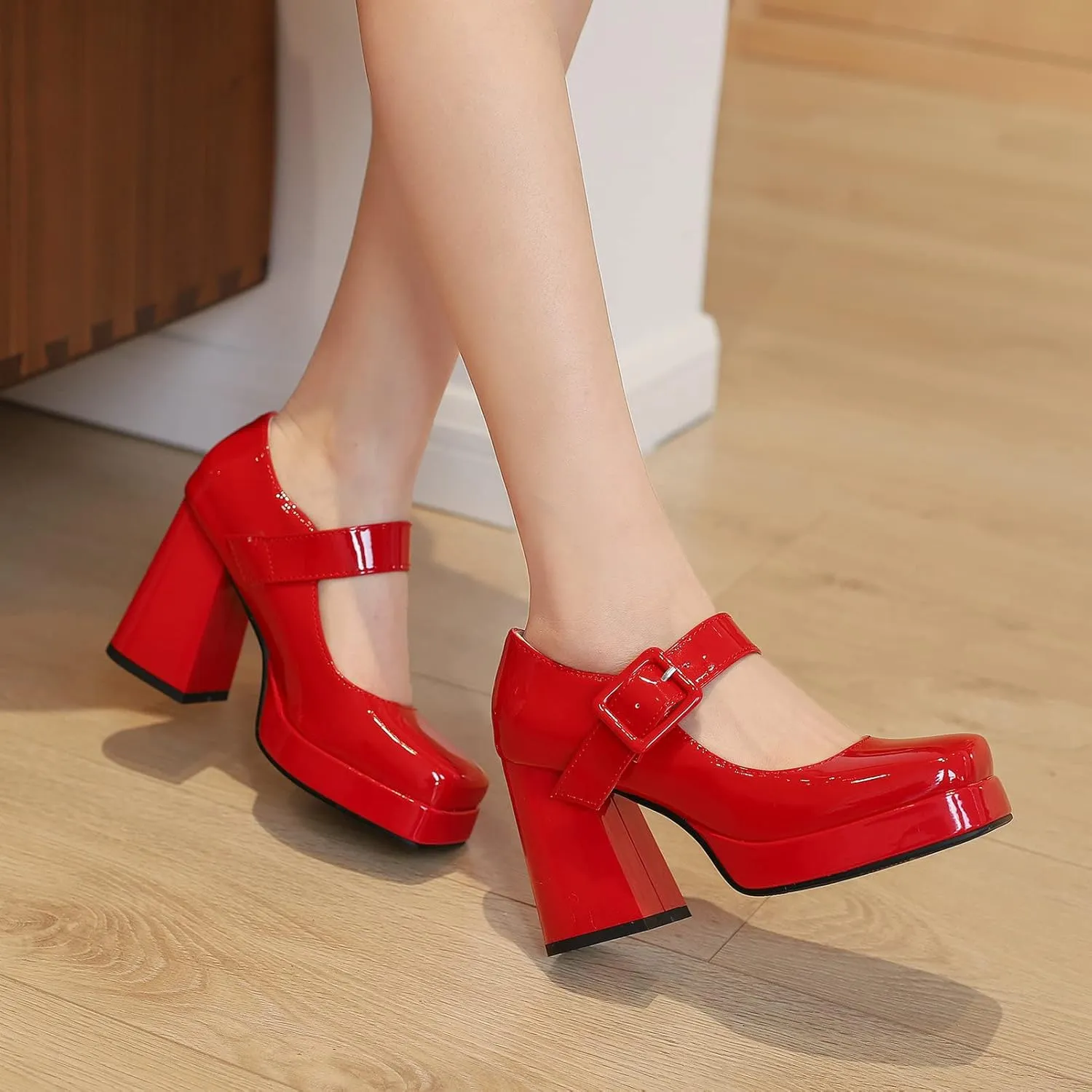 Women Square Toe Mary Jane Shoes Platform Patent Leather Pumps Block High Heels Dress Comfortable Shoes