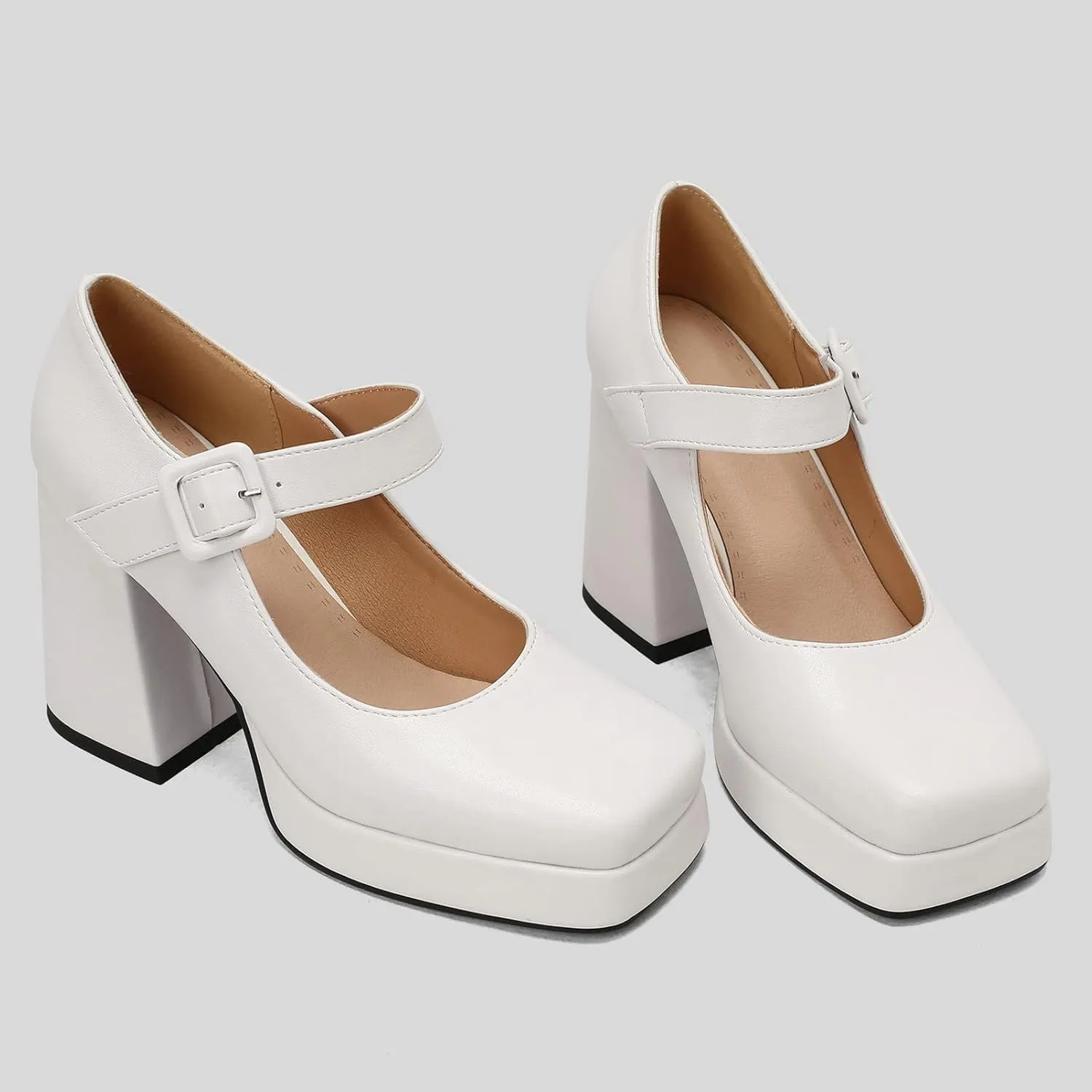 Women Square Toe Mary Jane Shoes Platform Patent Leather Pumps Block High Heels Dress Comfortable Shoes