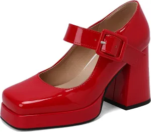 Women Square Toe Mary Jane Shoes Platform Patent Leather Pumps Block High Heels Dress Comfortable Shoes
