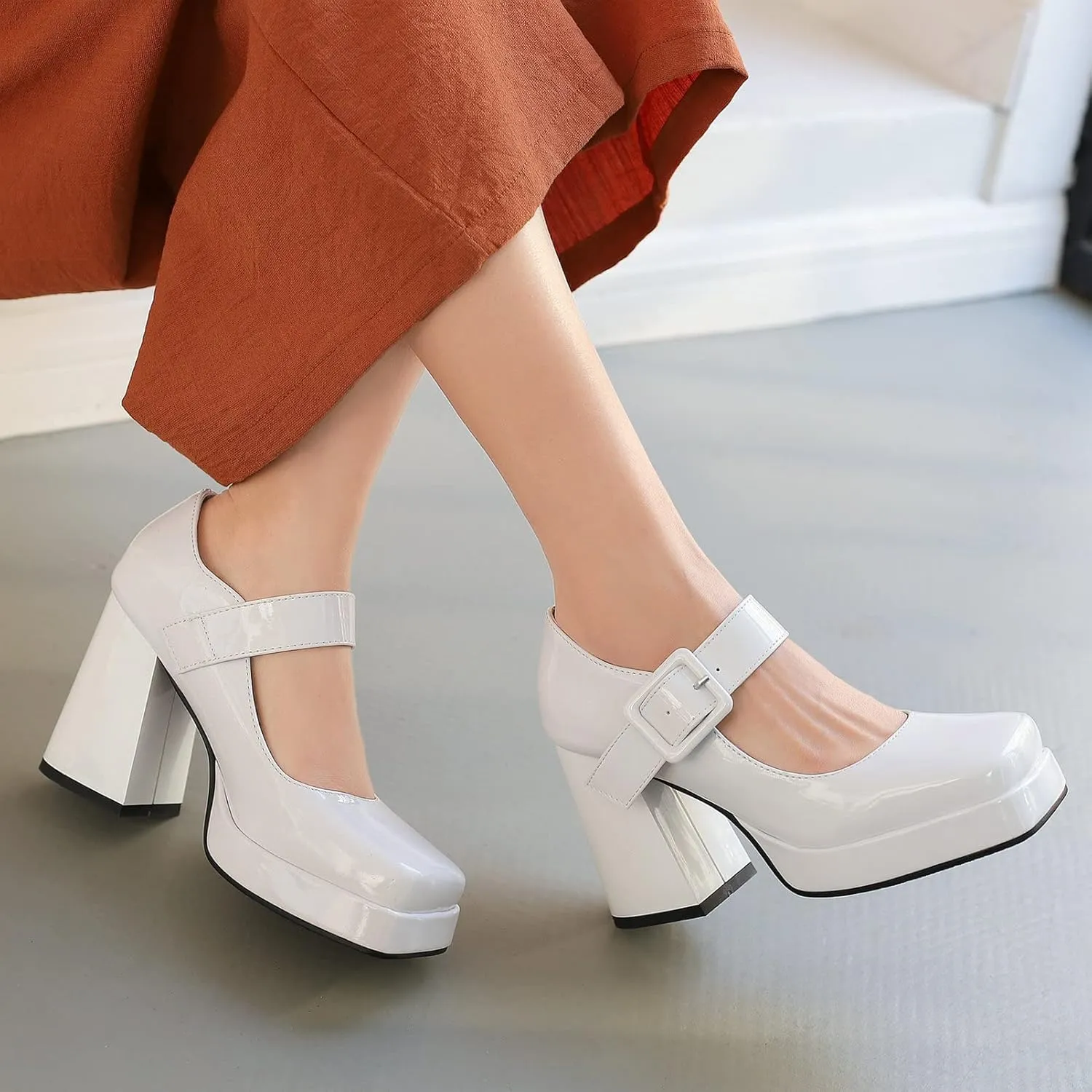 Women Square Toe Mary Jane Shoes Platform Patent Leather Pumps Block High Heels Dress Comfortable Shoes