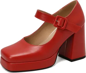 Women Square Toe Mary Jane Shoes Platform Patent Leather Pumps Block High Heels Dress Comfortable Shoes