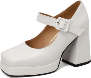 Women Square Toe Mary Jane Shoes Platform Patent Leather Pumps Block High Heels Dress Comfortable Shoes