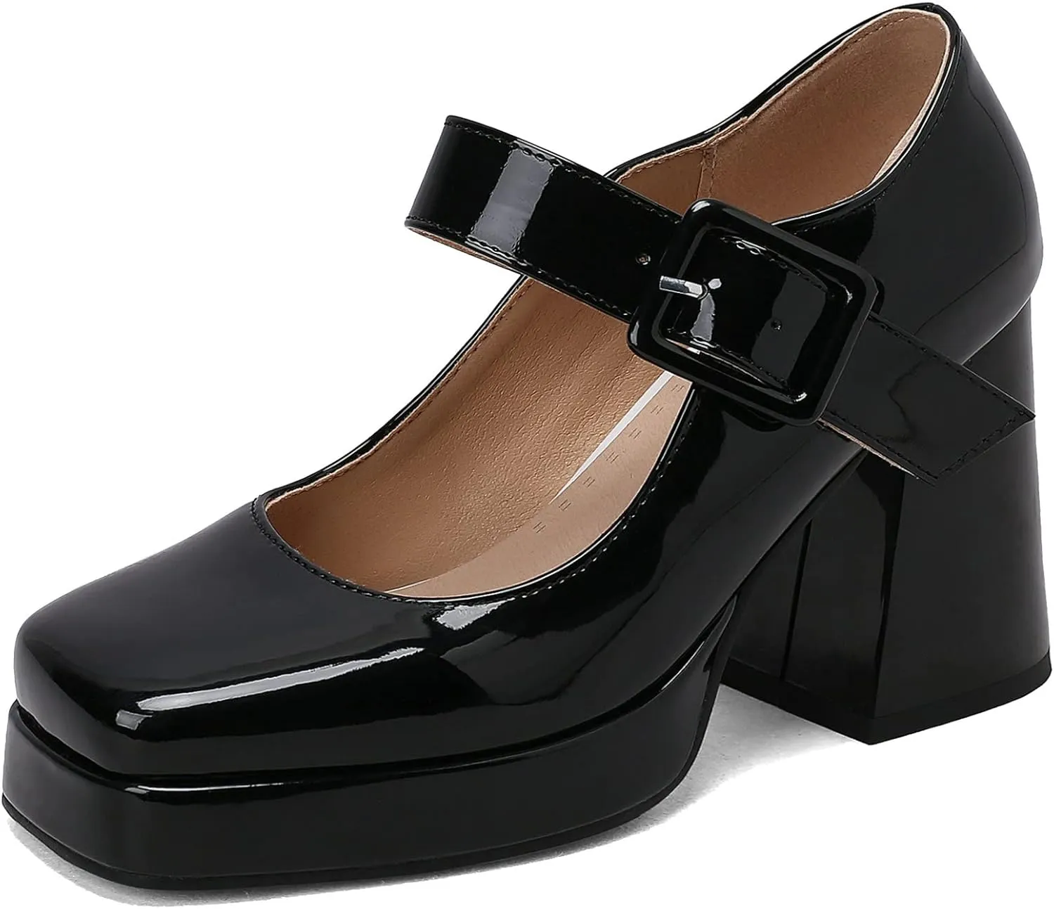 Women Square Toe Mary Jane Shoes Platform Patent Leather Pumps Block High Heels Dress Comfortable Shoes