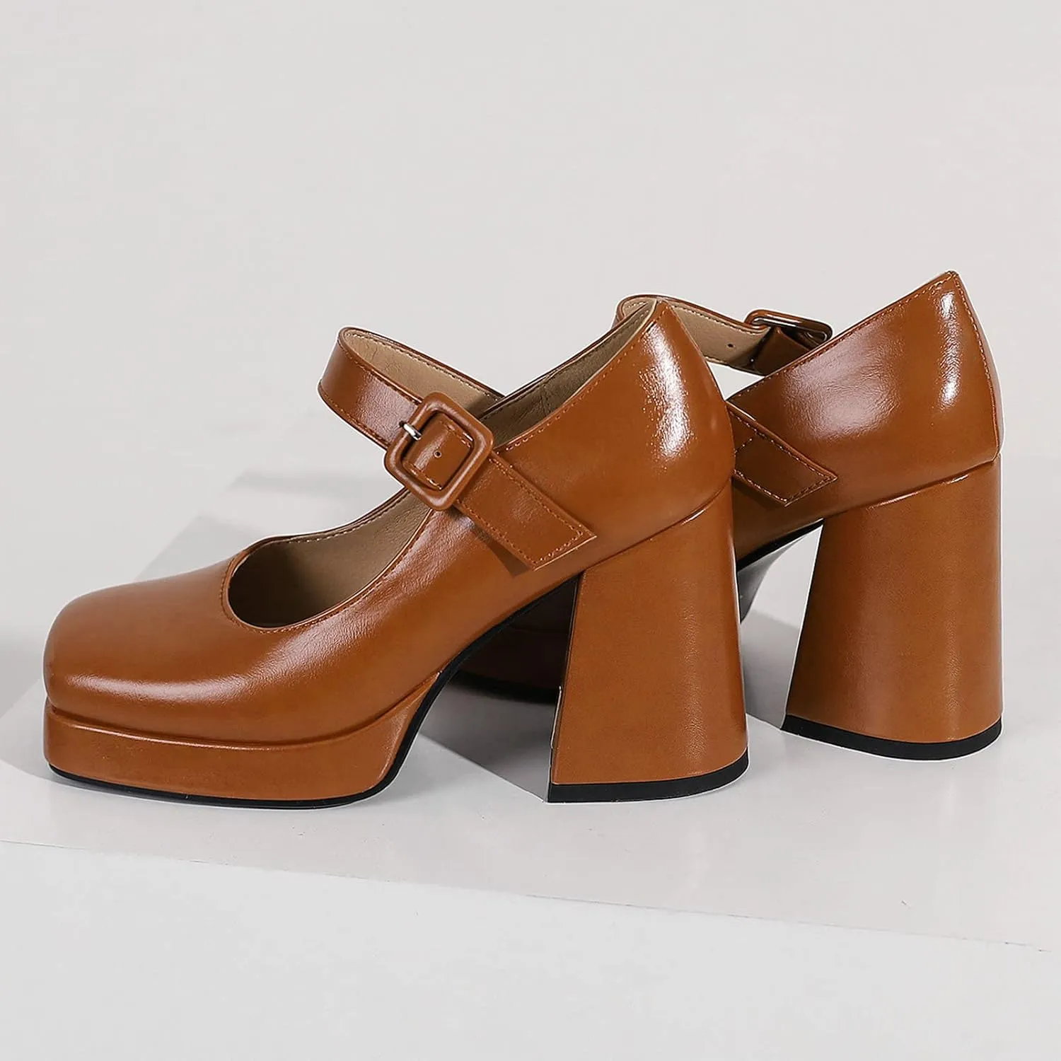 Women Square Toe Mary Jane Shoes Platform Patent Leather Pumps Block High Heels Dress Comfortable Shoes