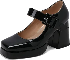 Women Square Toe Mary Jane Shoes Platform Patent Leather Pumps Block High Heels Dress Comfortable Shoes