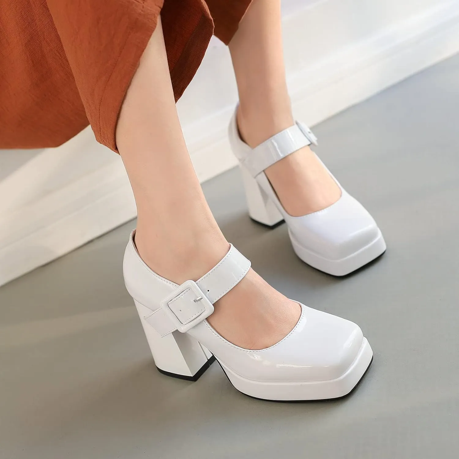 Women Square Toe Mary Jane Shoes Platform Patent Leather Pumps Block High Heels Dress Comfortable Shoes