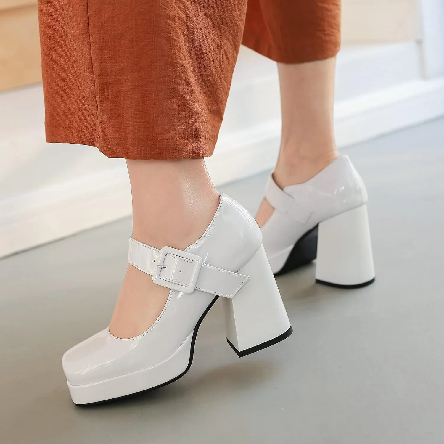 Women Square Toe Mary Jane Shoes Platform Patent Leather Pumps Block High Heels Dress Comfortable Shoes