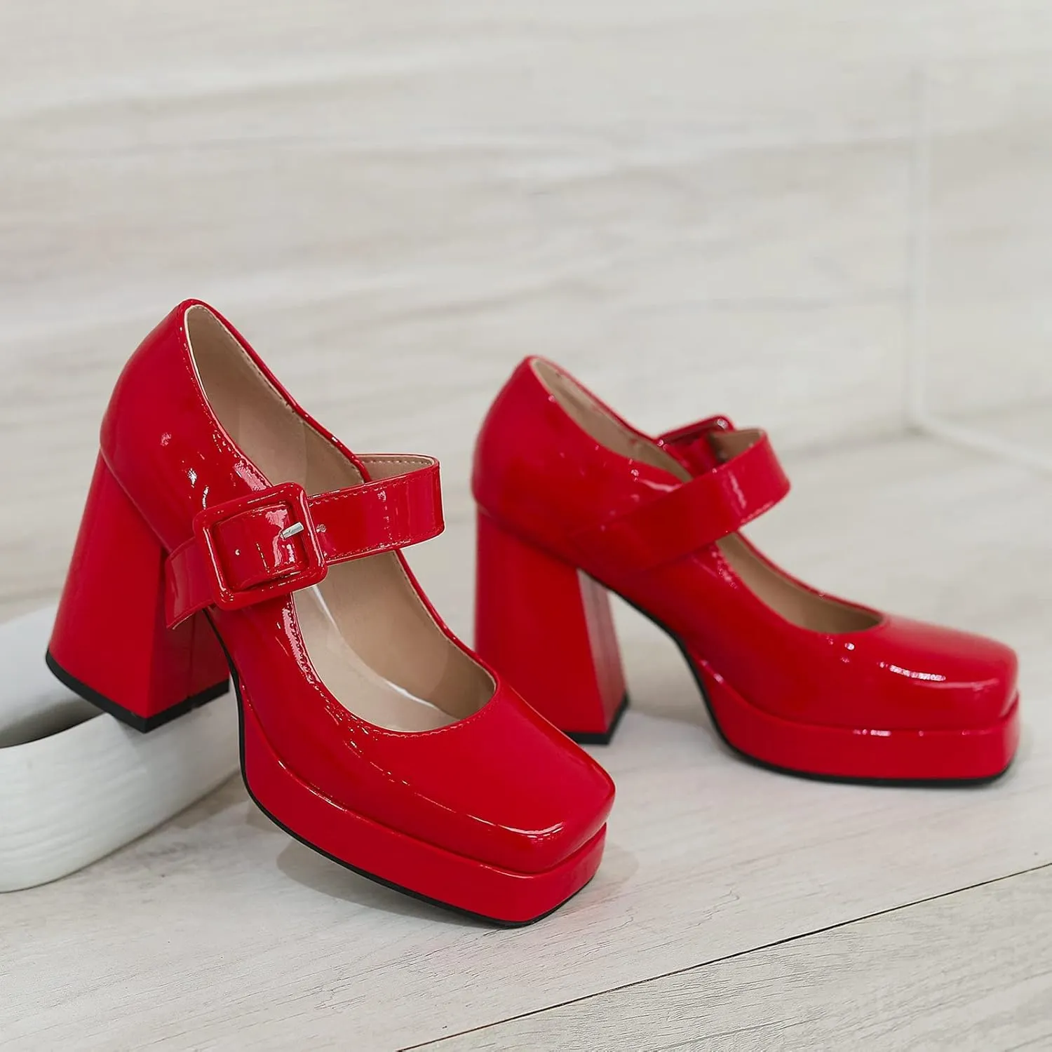 Women Square Toe Mary Jane Shoes Platform Patent Leather Pumps Block High Heels Dress Comfortable Shoes