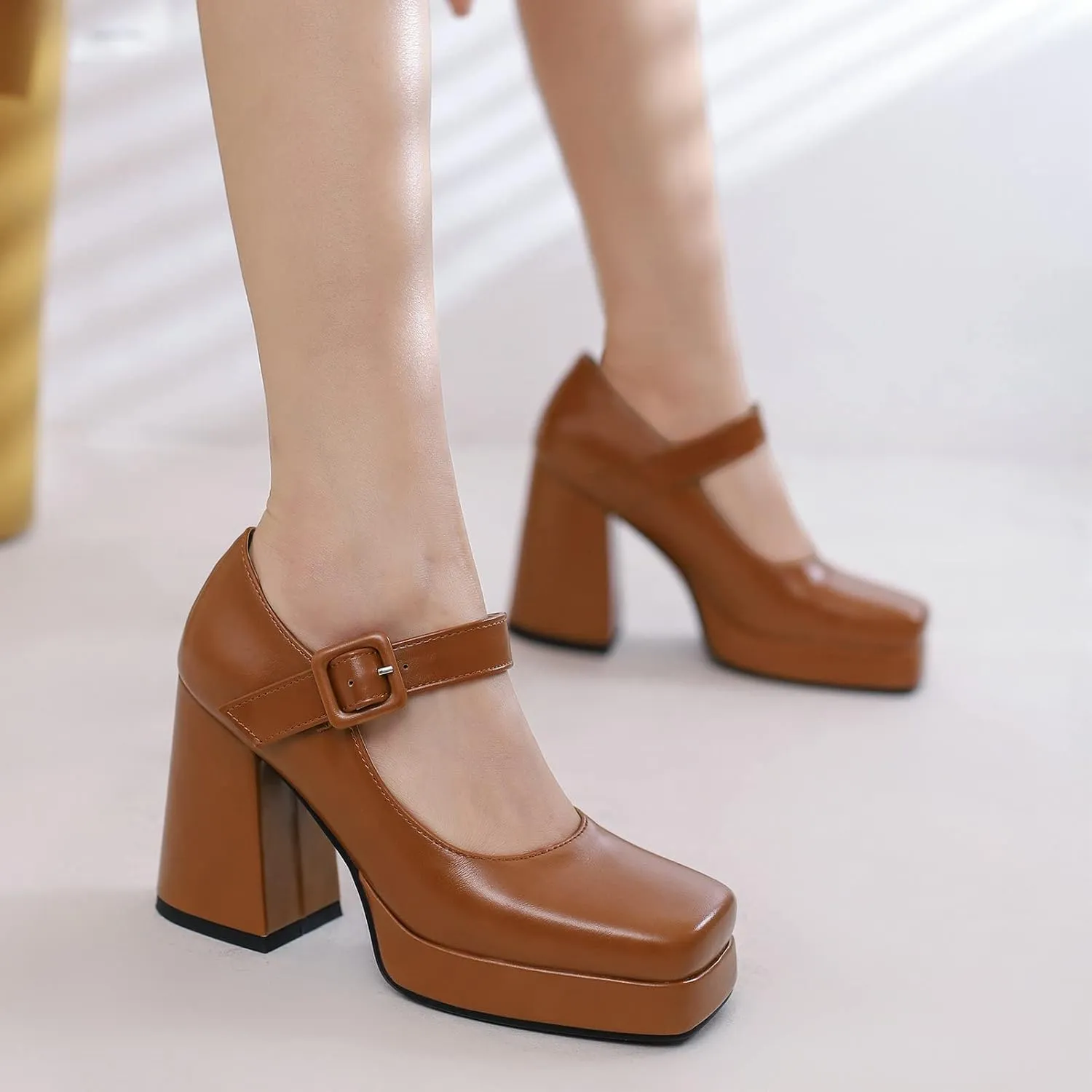 Women Square Toe Mary Jane Shoes Platform Patent Leather Pumps Block High Heels Dress Comfortable Shoes